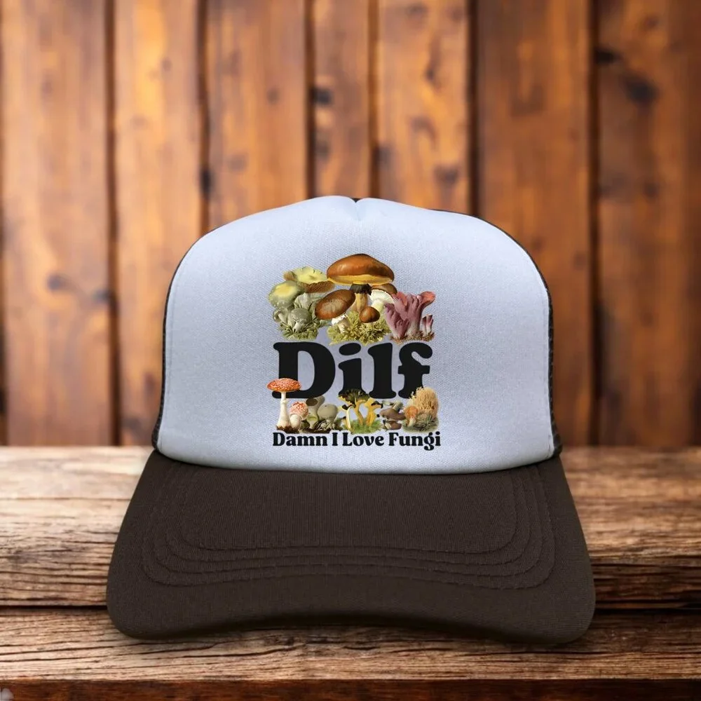 DILF Damn I Love Fungi Mens Trucker Hat Brown Novelty Humor Funny Baseball Cap